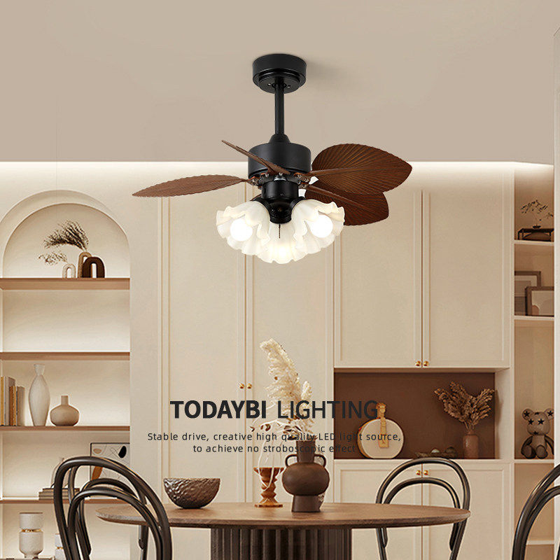 法式复古吊扇灯 卧室客厅风扇灯 木叶静音电扇灯 网红花朵灯