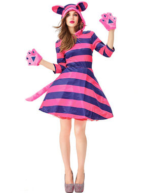 万圣节服装 亚马逊货源爱丽丝梦游仙境笑脸猫cosplay服紫色条纹猫