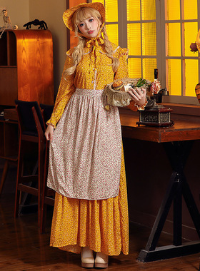 黄色碎花殖民地女孩 亚马逊货源草原先锋开拓者服装 田园风连衣裙