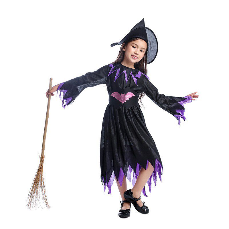 万圣节儿童经典女孩紫色蝙蝠小女巫裙舞台装长袖套装帽子连衣裙