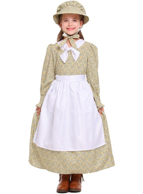 黄色碎花领巾殖民地女孩 亚马逊货源草原先锋开拓者服 田园风长裙