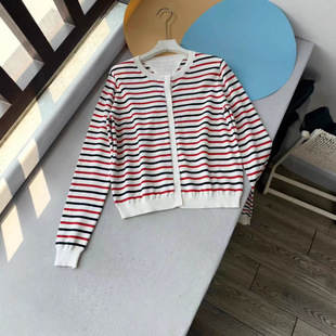 推荐刚需b备2026新款春款纯棉纱线条纹圆领长袖针织开衫上衣 女