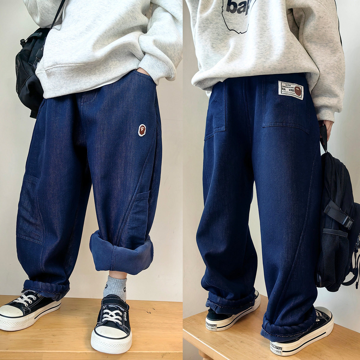 25冬装童裤男童哈伦廓形加绒加厚牛仔裤不掉色儿童一体绒弯刀裤潮,童装/婴儿装/亲子装,儿童牛仔裤,淘宝优惠券,粉丝福利购,淘宝优惠卷