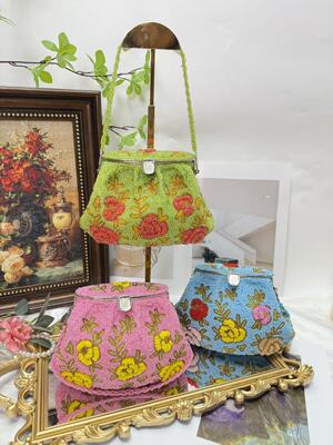 中古vintage珠绣手工包元宝包钉珠包时尚彩色口金手拎百搭斜挎包