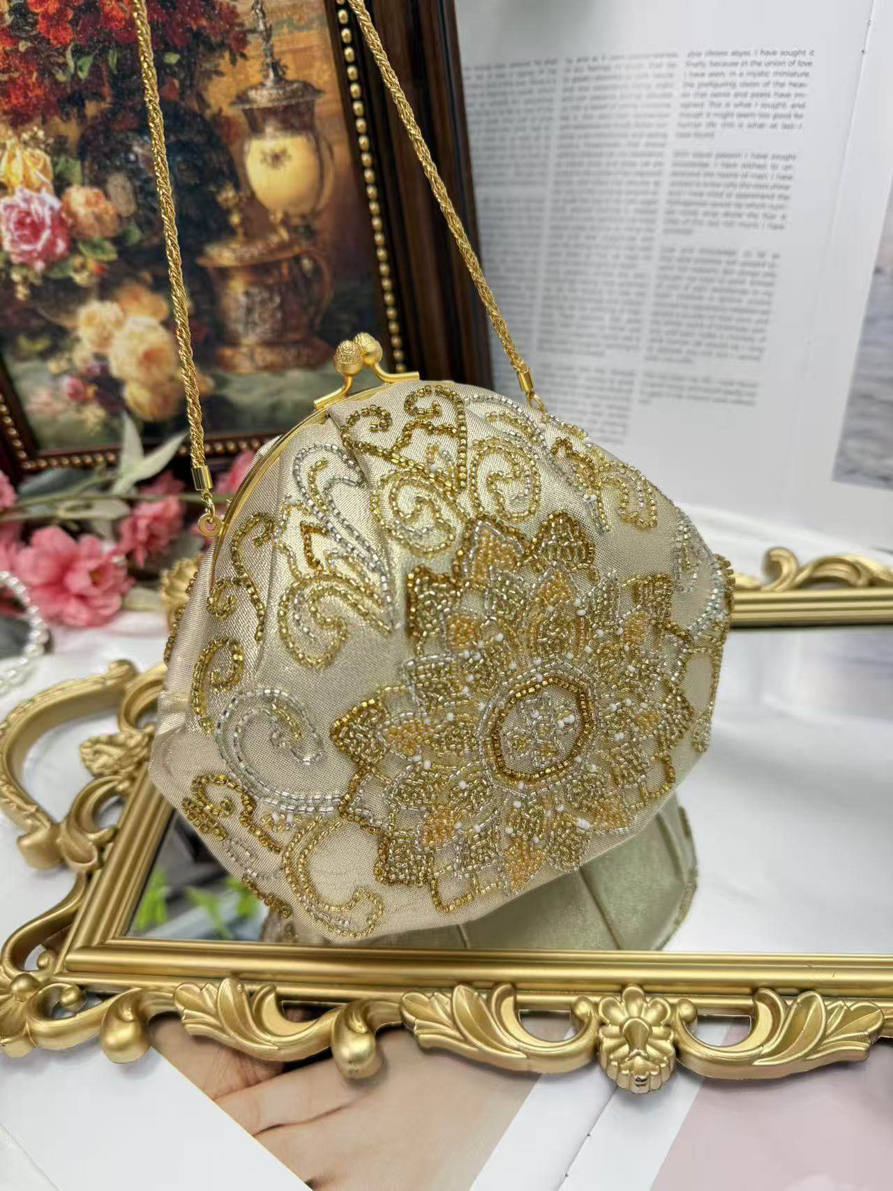 中古vintage珠绣手工包钉珠包时尚手提托特腋下绣花包手提包