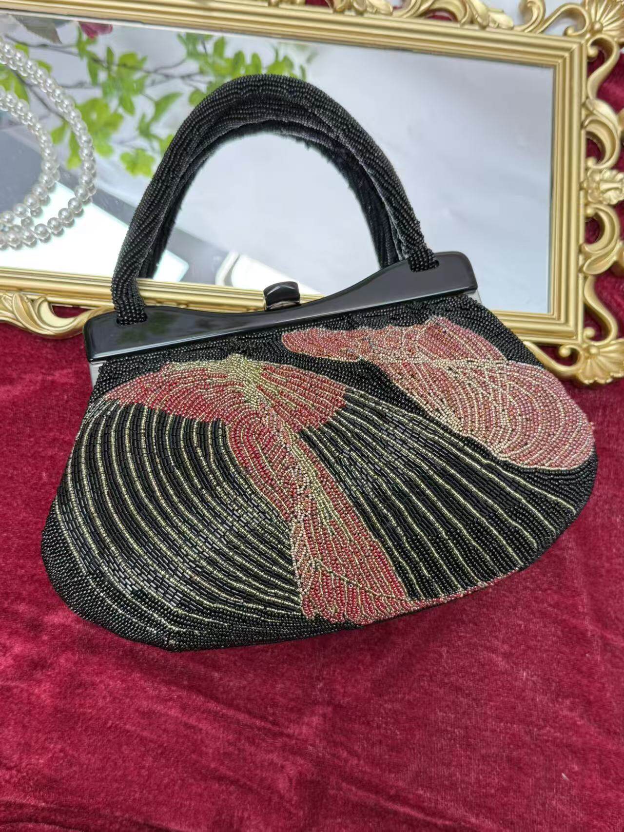 中古vintage珠绣手工包钉珠包古风亚克力口金手提绣花包手提包