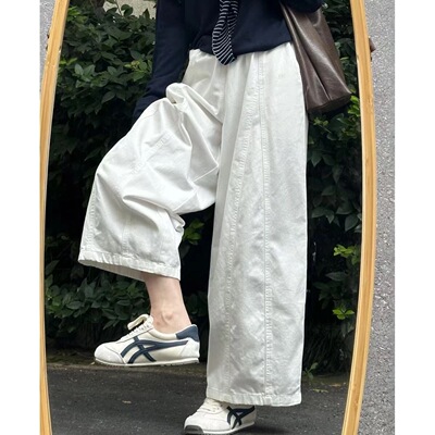白色钛金棉阔腿裤女夏季新款宽松显瘦气球弯刀裤大码胖mm韩系裤子