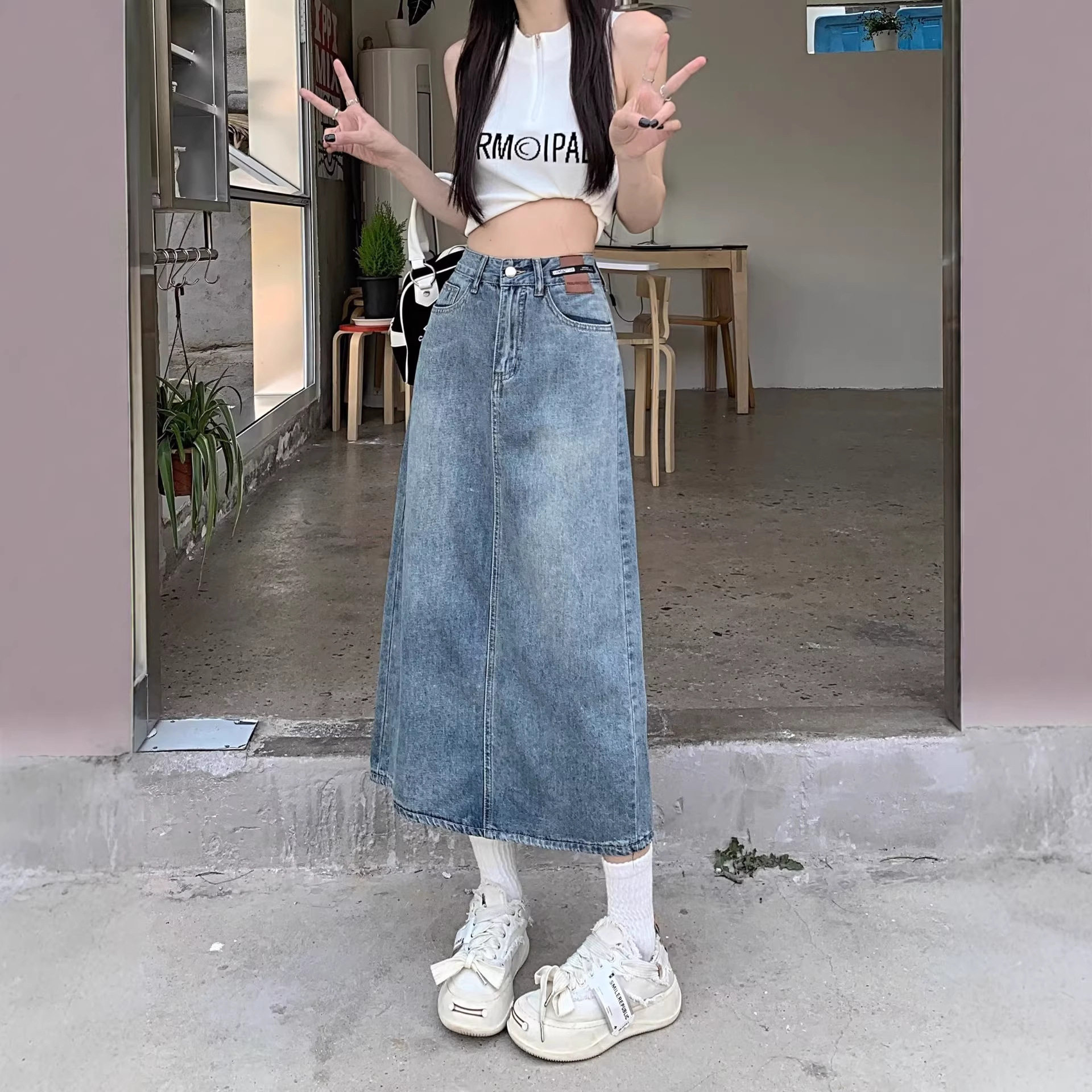 适合腿粗的裙子大码高腰中长款牛仔半身裙女遮肉显瘦开叉a字裙子