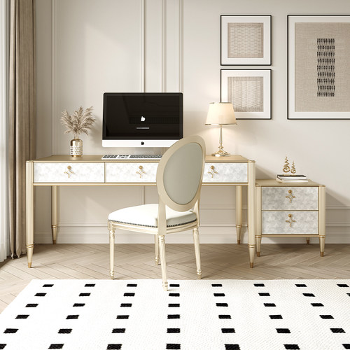 全实木书桌书房桌子轻奢简约贝壳风书桌电脑桌带收纳小户型卧室桌