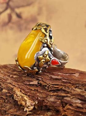 天然蜜蜡戒指925纯银男女款