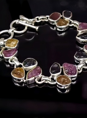 小众高级原石矿石手链s925纯银镶嵌宽版女小众复古做旧个性手链