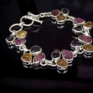 小众高级原石矿石手链s925纯银镶嵌宽版女小众复古做旧个性手链