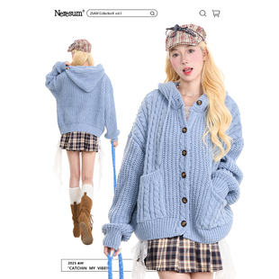 NERESUM慵懒风麻花连帽毛衣女美式 外套 复古秋冬保暖宽松针织开衫