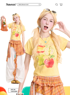 NERESUM苹果印花黄色短袖T恤女新款多巴胺正肩减龄夏季短款上衣
