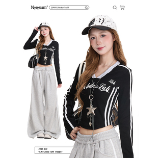 百搭打底上衣 T恤女辣妹显瘦短款 NERESUM美式 复古运动风V领长袖