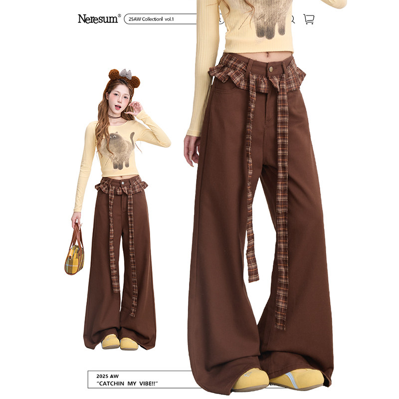 NERESUM咖啡色格纹花边牛仔裤