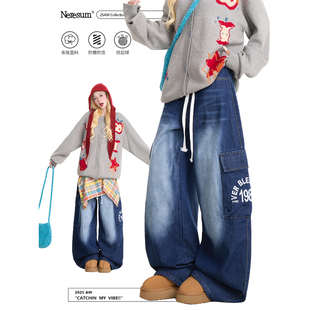 NERESUM美式复古牛仔裤女做旧水洗多口袋工装裤子街头阔腿直筒裤