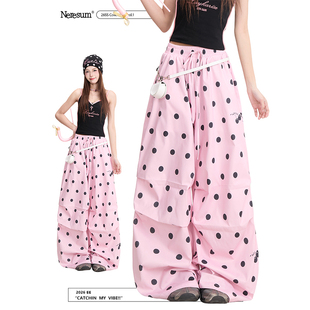 NERESUM复古满印波点裤子女美式褶皱宽松阔腿裤春夏宽松休闲裤