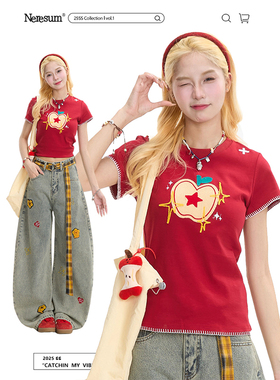 NERESUM苹果刺绣短袖T恤女美式复古甜辣修身显瘦正肩百搭红色上衣