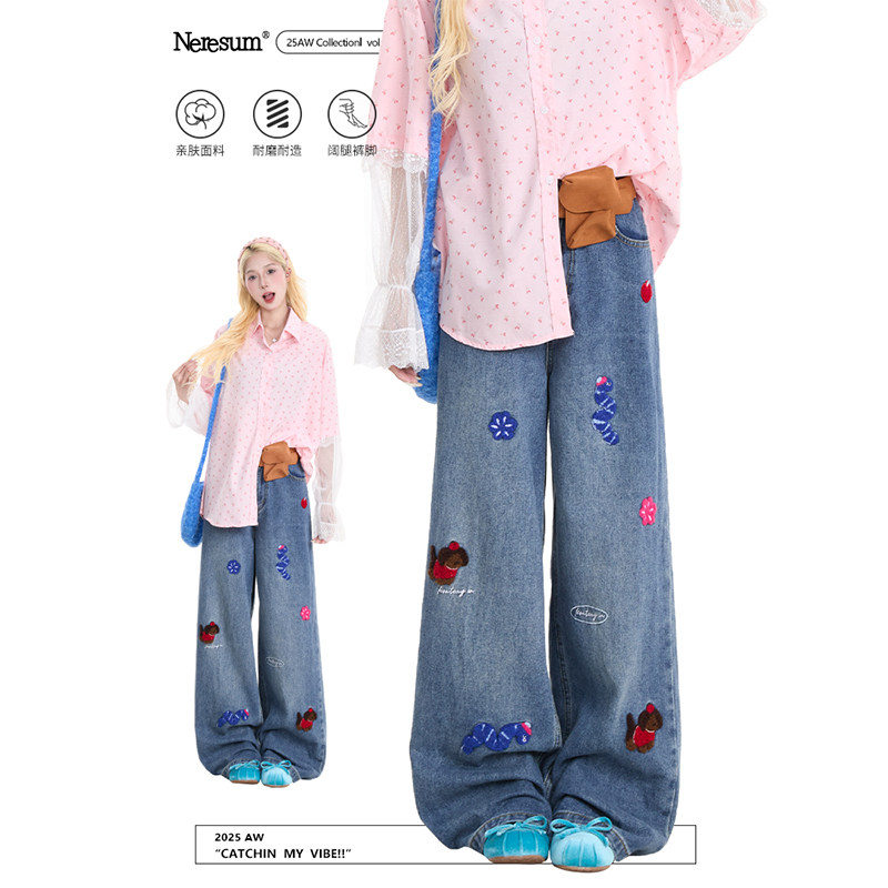 NERESUM趣味卡通毛巾绣牛仔裤女复古水洗宽松直筒裤百搭阔腿长裤,女装/女士精品,牛仔裤,淘宝优惠券,粉丝福利购,淘宝优惠卷