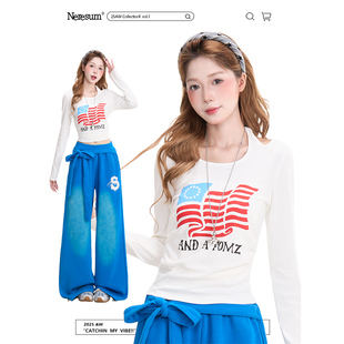 潮牌甜酷显瘦百搭短款 T恤女美式 打底上衣 长袖 NERESUM旗帜印花修身