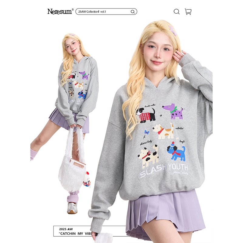 NERESUM卡通小狗刺绣连帽卫衣