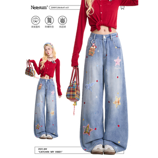 小众水洗阔腿直筒裤 美式 女新款 NERESUM格纹五角星贴布绣牛仔裤