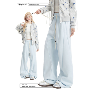 NERESUM蓝色卫裤女春季新款美式宽松直筒裤子垂感休闲阔腿运动裤