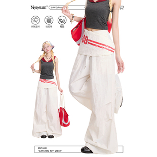 宽松百搭休闲裤 NERESUM美式 裤 女潮牌褶皱直筒工装 腰封叠穿阔腿裤
