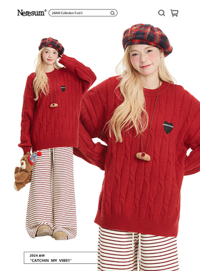 NERESUM红色爱心新年毛衣女冬季保暖情侣装慵懒套头圆领针织衫