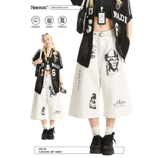 宽松显瘦直筒百搭短裤 女夏季 高街手绘印花牛仔七分裤 NERESUM美式