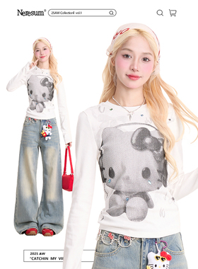 NERESUM可爱Kitty猫印花长袖T恤女潮牌秋季新款修身百搭打底上衣