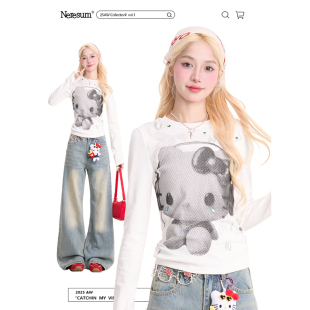 NERESUM可爱Kitty猫印花长袖T恤女潮牌秋季新款修身百搭打底上衣