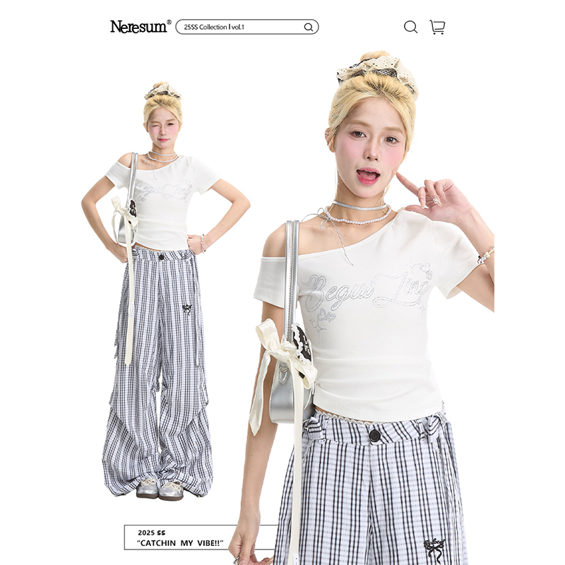 NERESUM斜肩设计感修身短款短袖