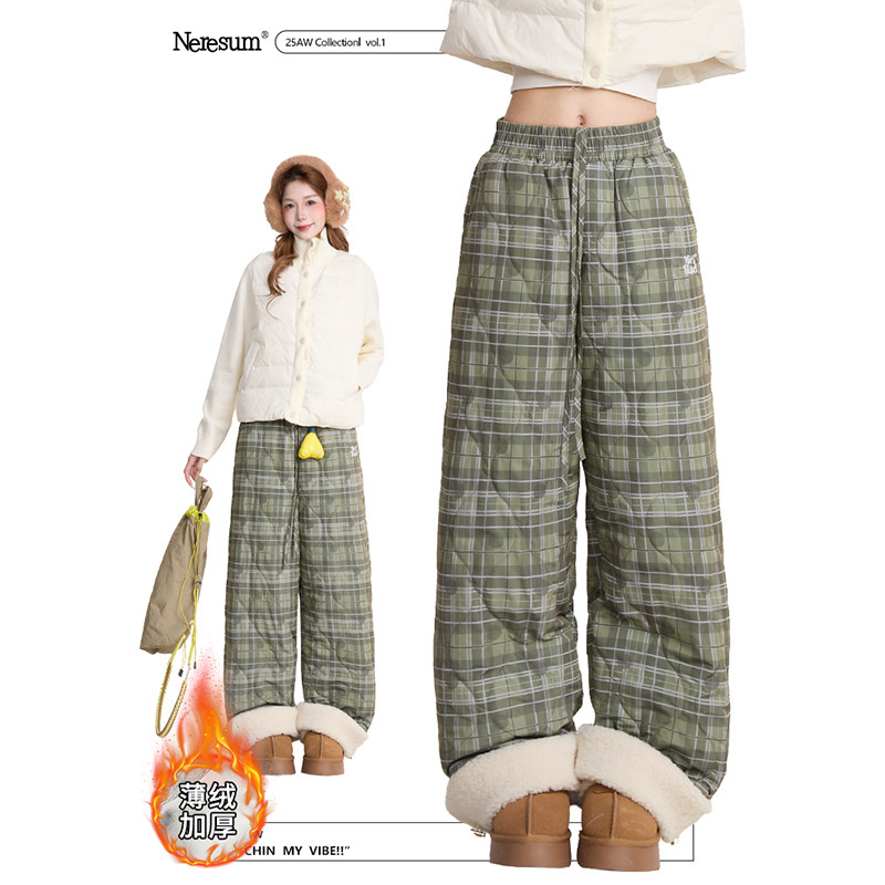 NERESUM冬季格纹加厚棉裤女复古羊羔绒拼接直筒裤保暖阔腿滑雪裤,女装/女士精品,棉裤/羽绒裤,淘宝优惠券,粉丝福利购,淘宝优惠卷