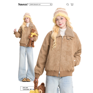 NERESUM美拉德复古羊羔毛翻领夹克女秋冬高级感宽松保暖棉服外套