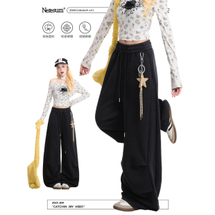 垂感直筒运动裤 潮牌褶皱阔腿裤 女美式 NERESUM秋冬加绒休闲卫裤