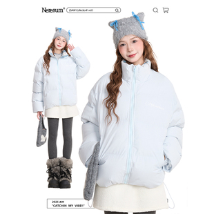 NERESUM美式 甜美百搭保暖棉衣厚外套 字母刺绣格纹拼接棉服女冬季