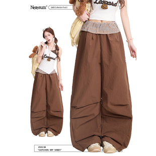 裤 NERESUM咖啡色裤 褶皱工装 美式 子女复古格纹拼接爵士舞阔腿裤