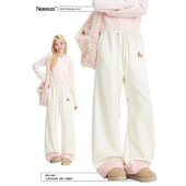 NERESUM奶杏色小狗刺绣卫裤 子宽松长裤 女秋冬美式 直筒格子拼接裤