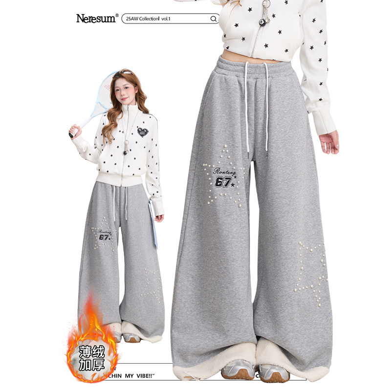 NERESUM五角星钉珠加厚卫裤女复古羊羔绒拼接秋冬阔腿弯刀休闲裤,女装/女士精品,卫裤,淘宝优惠券,粉丝福利购,淘宝优惠卷