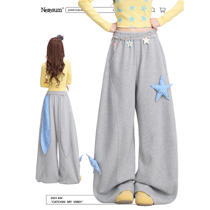 NERESUM韩系五角星装饰卫裤女轻亚设计感弯刀裤宽松阔腿休闲裤,女装/女士精品,卫裤,淘宝优惠券,粉丝福利购,淘宝优惠卷