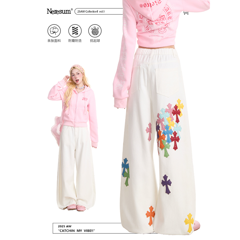 NERESUM彩色十字架皮标裤子