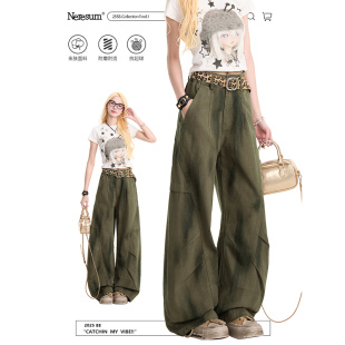 裤 NERESUM裤 脏染褶皱阔腿休闲工装 美式 子女复古水洗解构弯刀裤