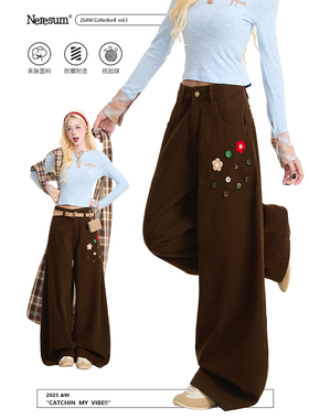 NERESUM花朵纽扣直筒工装裤女复古潮牌设计感阔腿垂感显瘦休闲裤