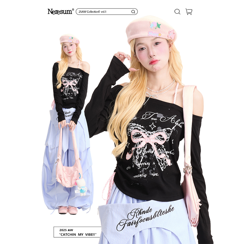 NERESUM蝴蝶结印花斜领长袖