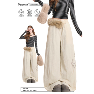 防风保暖阔腿棉裤 NERESUM美式 女秋冬加绒弯刀伞兵裤 裤 子 毛领工装