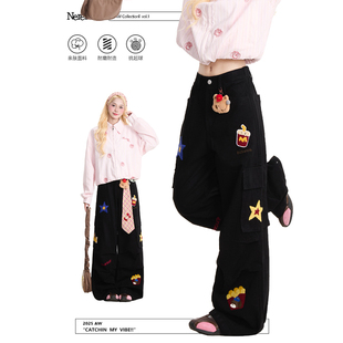长裤 NERESUM趣味卡通毛巾绣直筒裤 工装 美式 女潮牌褶皱小众阔腿裤
