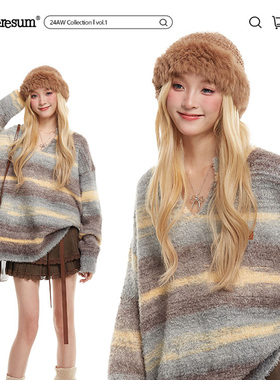 NERESUM日系复古软糯渐变V领毛衣女2025秋冬慵懒风减龄休闲针织衫