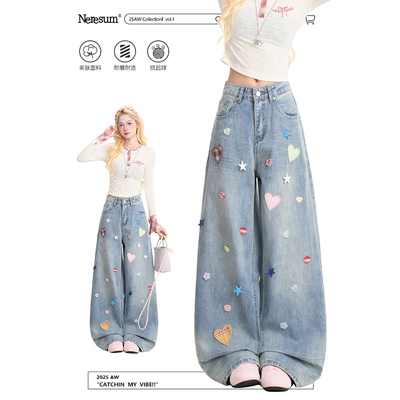 NERESUM爱心贴布星星纽扣牛仔裤